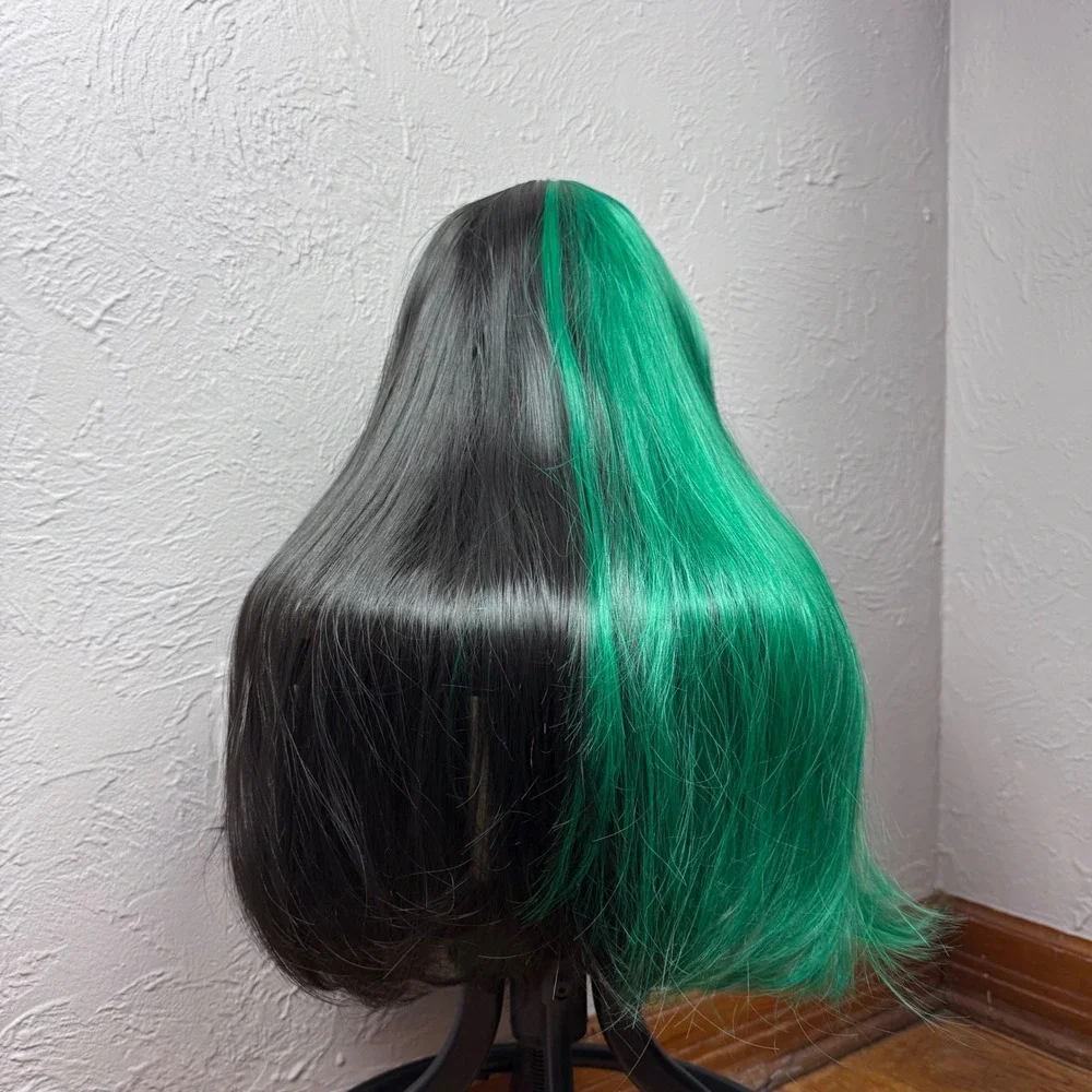 Split Dye Half Green Half Black Long Straight Wig with Bangs 27